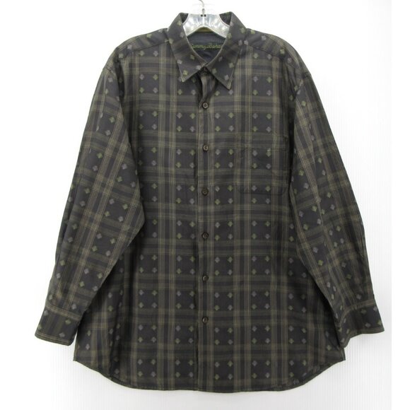 Tommy Bahama Shirt Large Silk Hawaiian Performance Plaid Palm AOP - Picture 1 of 11